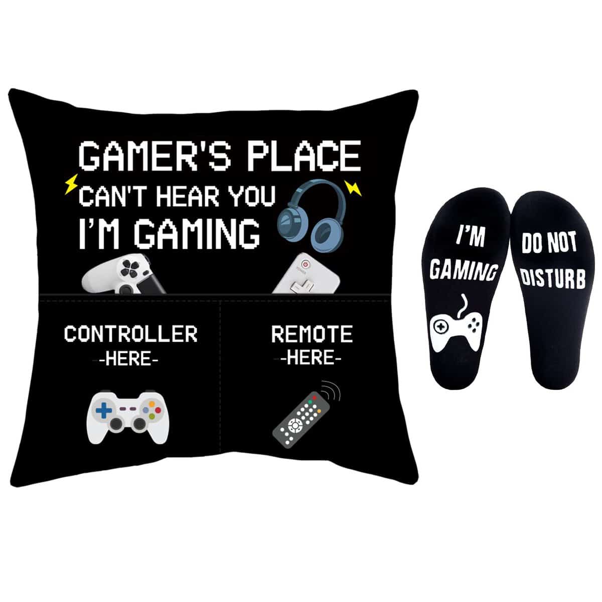 Gamer Gifts - Federa per cuscino da 45,7 x 45,7 cm, con doppie tasche e divertenti calzini da gamer, per uomini, ragazzi, idea regalo per adolescenti