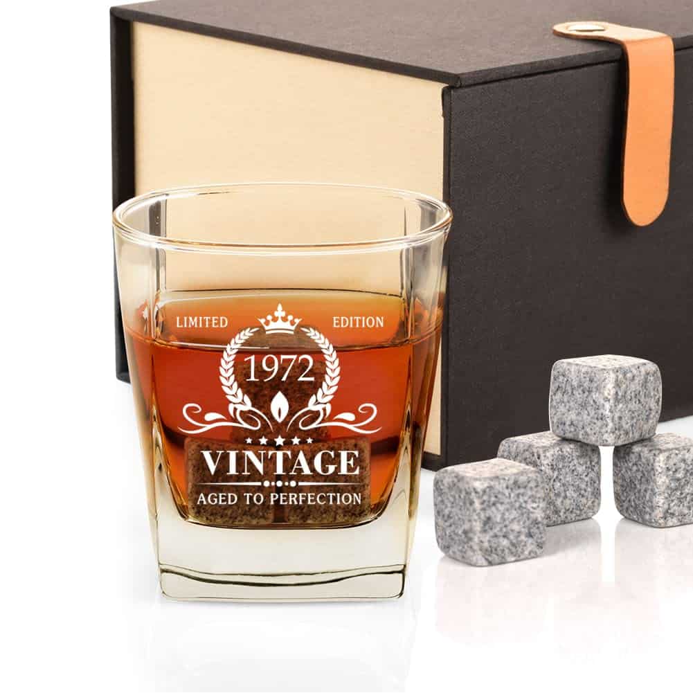 Regalo per il 50° compleanno per gli uomini, bicchiere da whisky vintage del 1972 e pietre divertente regalo per il 50° compleanno per papà, marito, decorazioni per il compleanno di 50 anni, 340 g