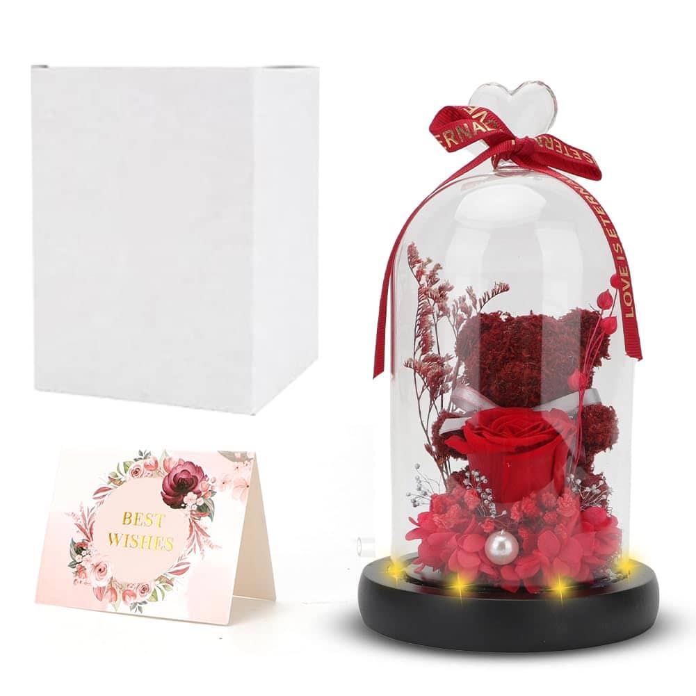LOMUG Rosa Eterna, Orsetto Rose in Vetro con luci LED e Base in Legno, Rosa eterna in Vetro con Confezione Regalo, Regali per Donne, Regali per Natale Compleanno Matrimonio San Valentino Anniversario