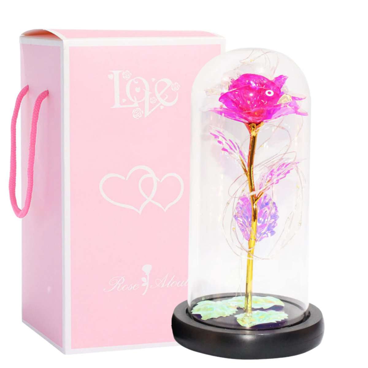 EKIMOS - Rosa eterna sotto cloche, La Bella e la Bestia, Rosa artificiale con LED, Regalo per donna, San Valentino, festa della mamma (Rosa)