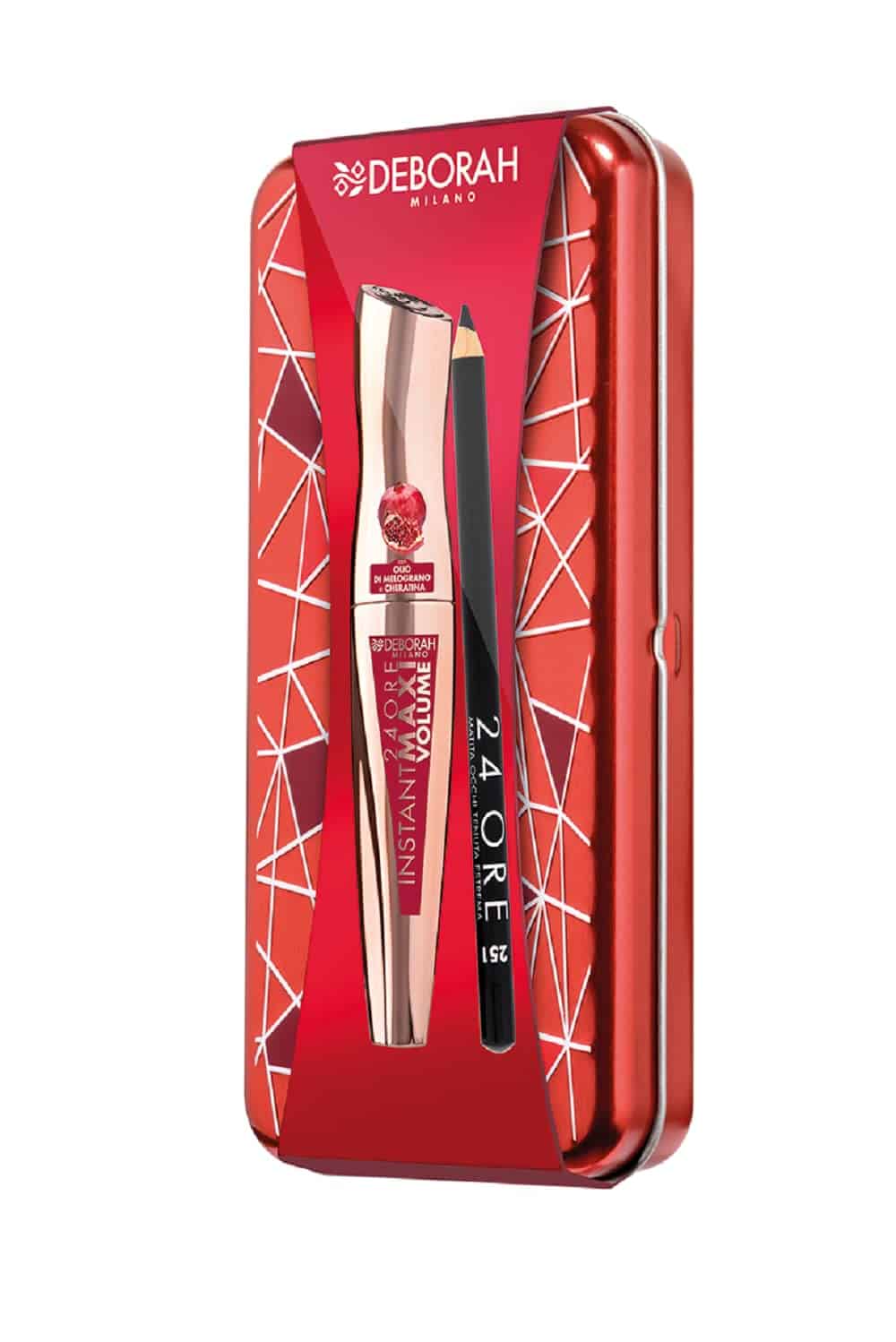 Deborah Milano - Set Regalo Donna Trucco Occhi in Latta, Include Mascara Instant Maxi Volume Olio di Melograno e Matita 24 Ore 251 Black, N.4