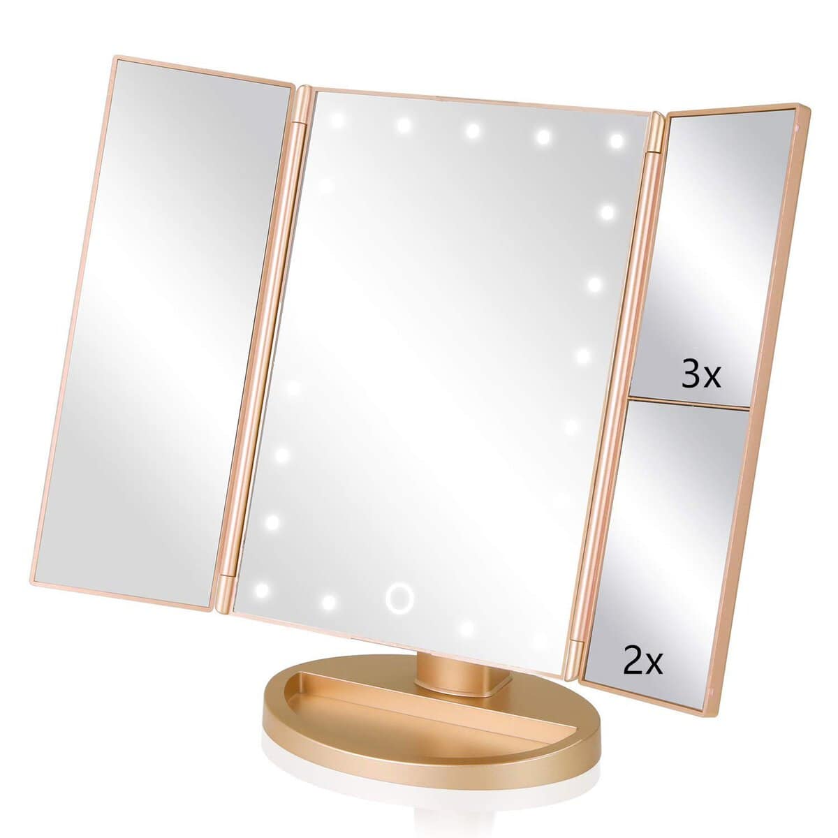 Infitrans Specchio con Luce,Specchi da Tavolo con Touch Screen Tri-Fold, ingrandimento 1x / 2X / 3X e Caricatore USB o Wireless, Luce LED Regolabile a 180 ° per Il banco da Viaggio (Oro)