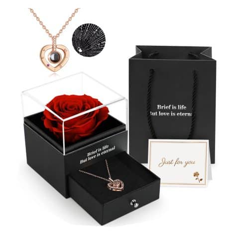 Rosa eterna con collana “Ti amo”, regalo fatto a mano per donna/amore, compleanni/anniversari, festività.