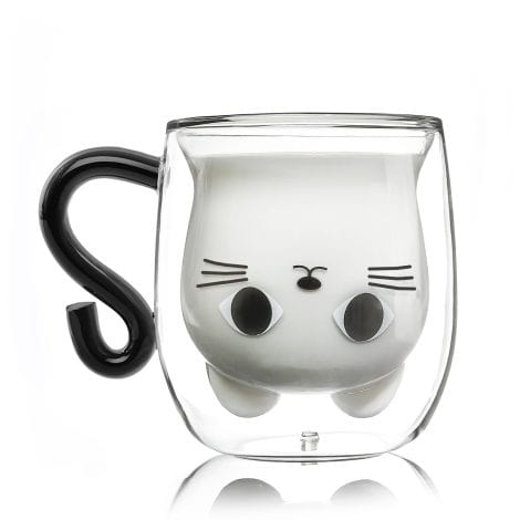 Tazza Gatto Doppia Parete in Vetro, Ideale per un Regalo per Lei o per Festività come Natale e Halloween.