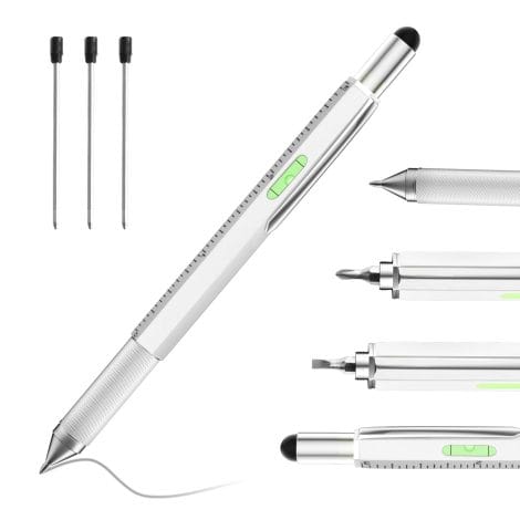 Yihang Penna Multifunzione 6 in 1, Strumento Da Ufficio, Gadget Uomo, Penne Multiuso, Regali Papà, Natale, Artigiani (Argento)