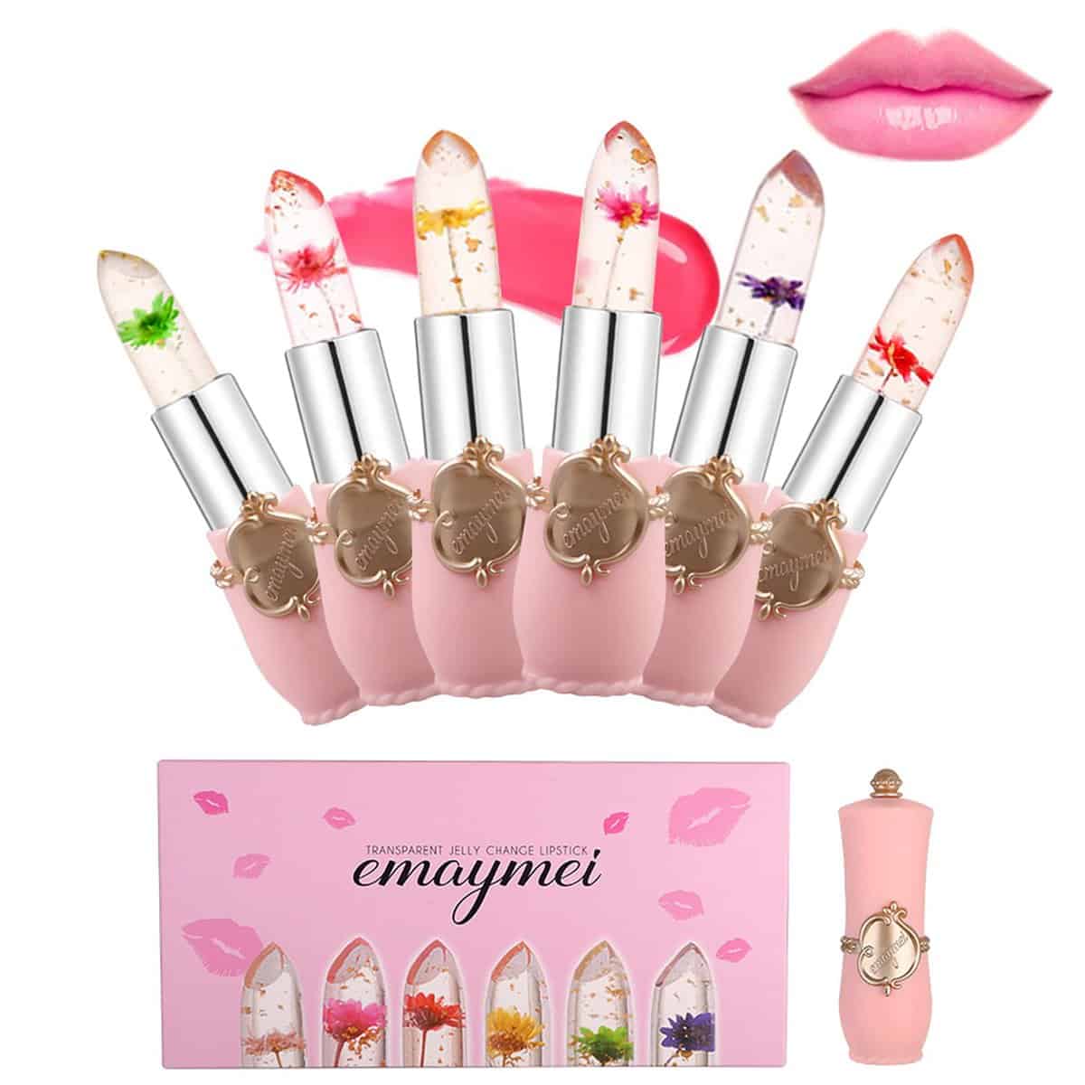 Xiangmall 6 pezzi Rossetto Fiori Trasparente Gelatina Lipstick Fiore Rosso Lipstick Magico Cambia Colore Balsamo Labbra Magico Lunga Tenuta Regalo per Donna Ragazze (6 Pezzi)
