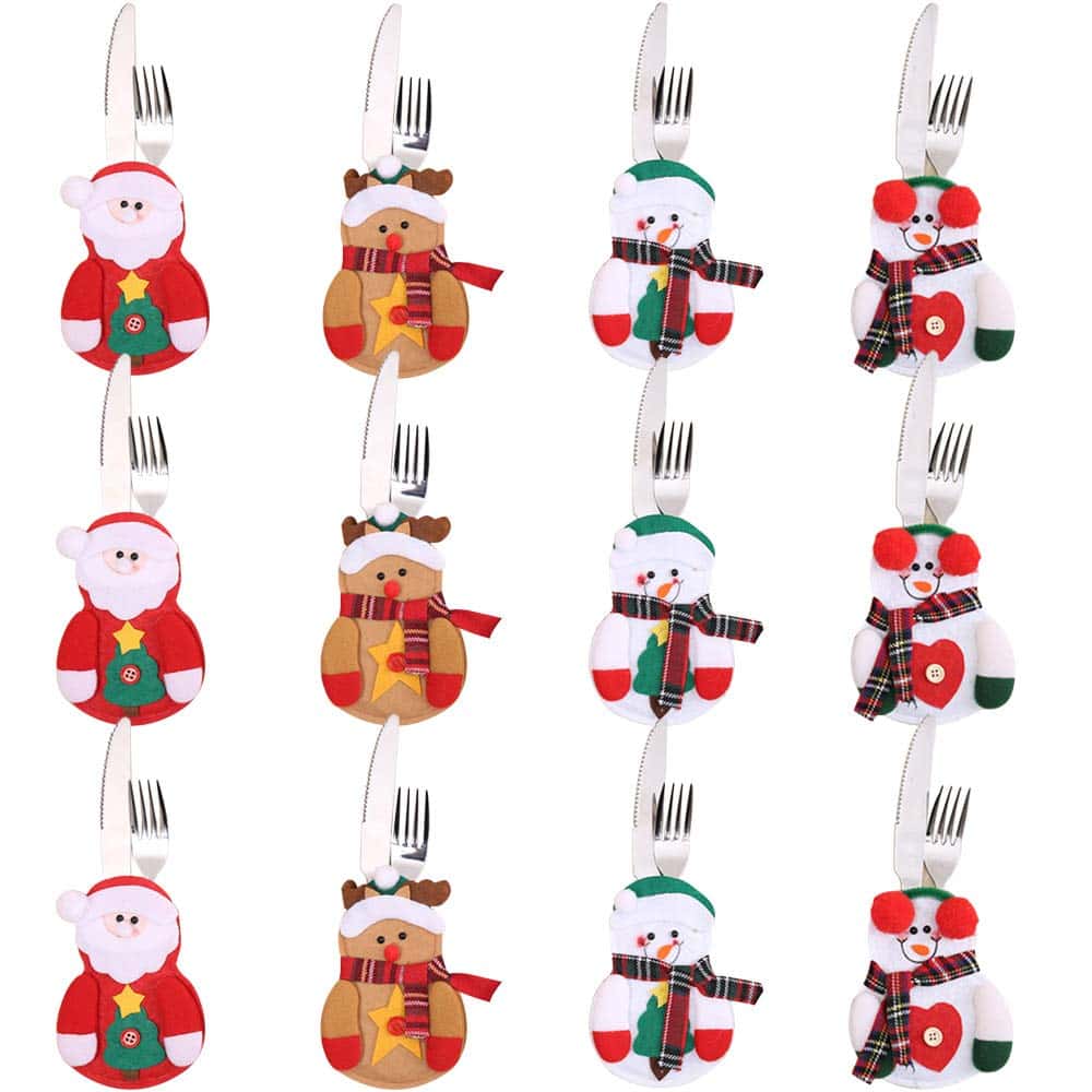 Gudotra 12 Pezzi Portaposate Natalizie Decorazione Tavolo di Natale Portaposate Natale Pupazzo di Neve Babbo Natale Tasche Posate per Forchetta Cucchiaio