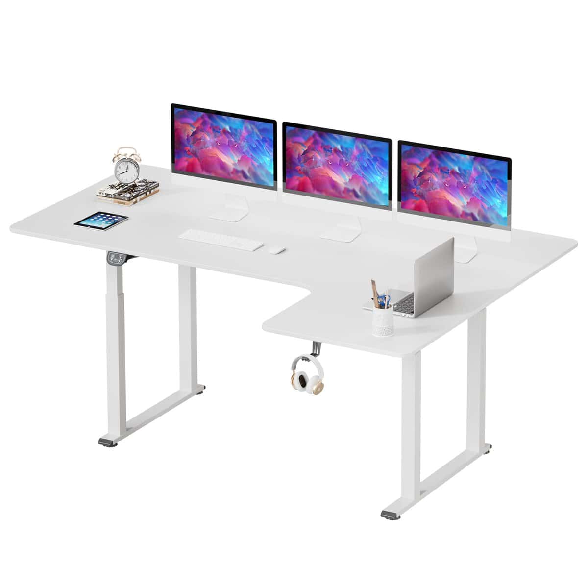 Dripex Scrivania regolabile in altezza 180x110cm, Scrivania ad angolo con doppio motore, Standing Desk con 4 gambe per una super stabilità, bianca