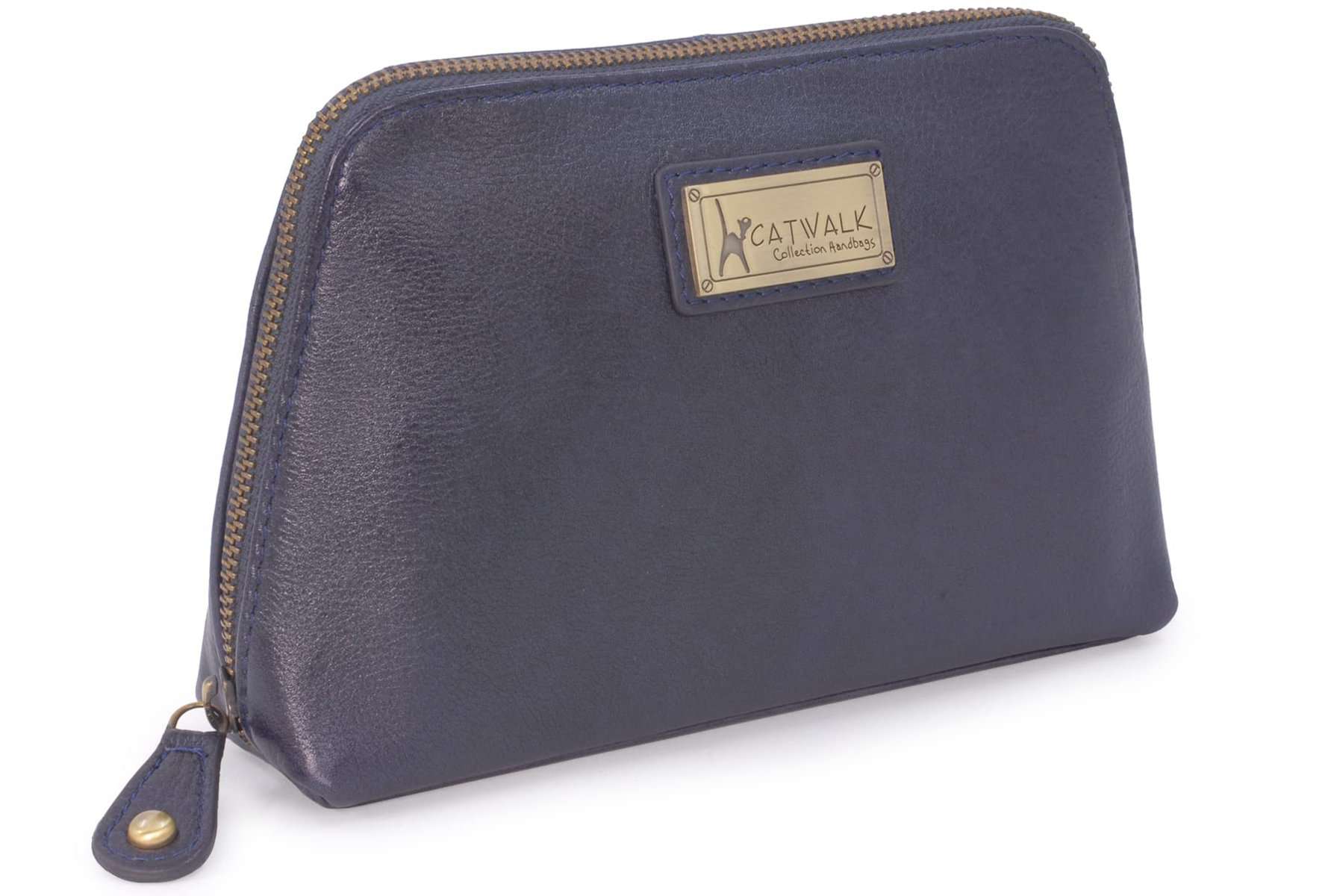 Catwalk Collection Handbags Vera Pelle - Porta Cosmetici/Pochette per Trucchi Donna/Borsa da toilette/Beauty Case da viaggio - Scatola Regalo - Emma - BLU