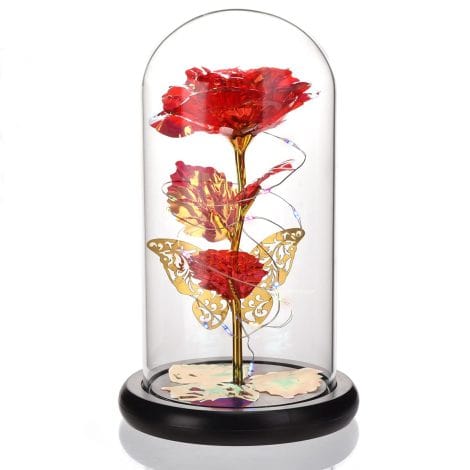 Morwealth Rose Eterna: Rosa incantata, Bella e la Bestia, in cupola di vetro con luce LED. Regalo eterno per San Valentino, festa della mamma o Natale. (Rosso)
