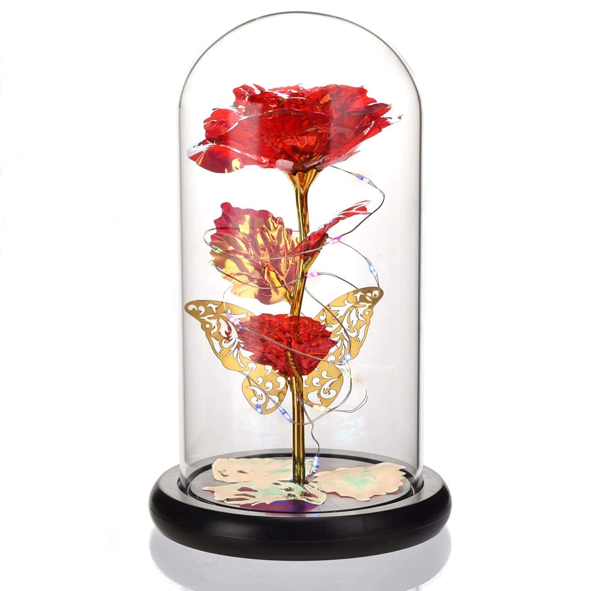 Morwealth Rose Eterna, Rosa la Bella e la Bestia, in cupola di vetro con luce LED,Forever Rose fiori per San Valentino, festa della mamma idea regalo di Natale per donne, mamma e fidanzata (Rosso)