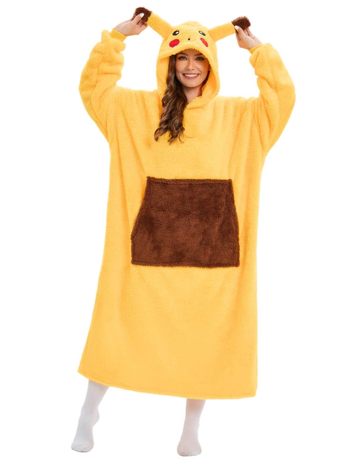 Luojida Pigiama Animale Donna Felpa Gigante Coperta Plaid con Maniche Hoodie Blanket Sweatshirt Taglie Forti Pullover Coperta Indossabile, Idee Regalo per Carnevale, Halloween o Natale(Taglia unica, Giallo)
