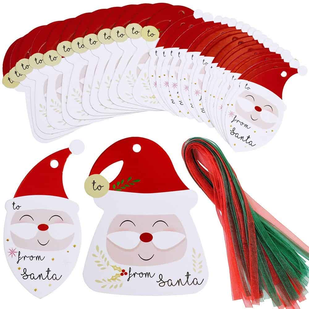 MonQi 100pcs Super Carino "From Santa" Etichette regalo di Natale con 100 nastri rossi e verdi, etichette di carta di Natale per la decorazione del regalo di Natale per i bambini