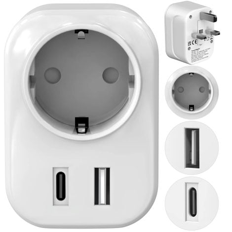 Viaggio UK-Germania con USB A & C. Adattatore di viaggio regalo per l’Europa.