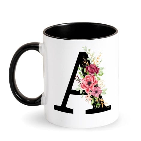 Tazza Nera Personalizzata con Motivo Floreale, Iniziali – Perfetto Regalo per Feste e Compleanni!