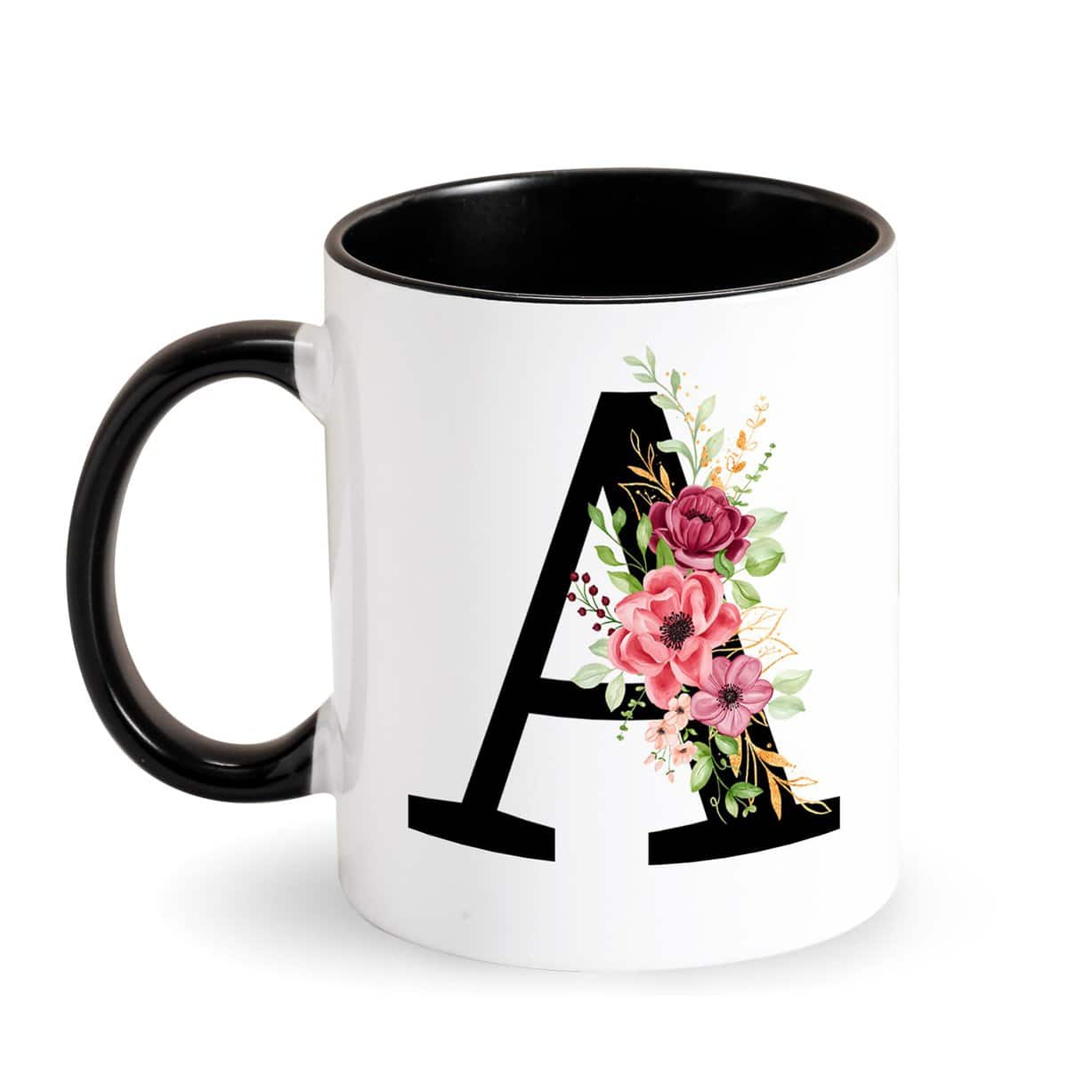 Tazza Personalizzata con Lettere Tazza da caffè con Motivo Floreale Tazza in Ceramica per caffè Tazza Iniziali Nero per Donne Fidanzata Regalo per Natale, Compleanno, Festa della Mamma (A)