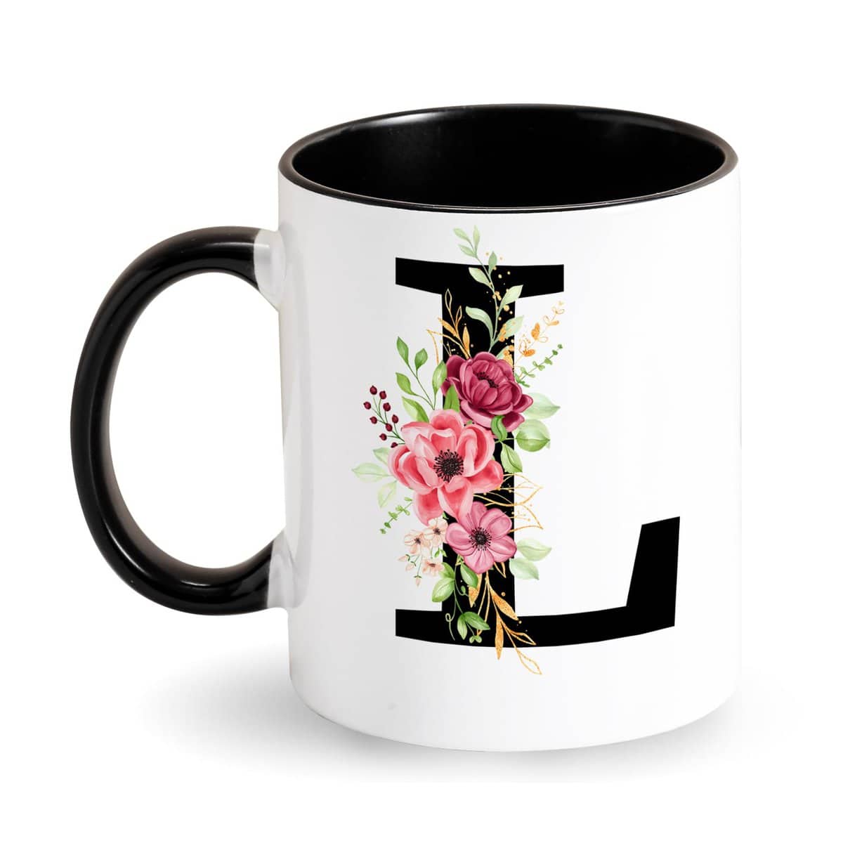 Iniziale Tazza da caffè Tazza con Lettere Floreale Tazze Colazione Porcellana Nero Tazza per Donne Fidanzata Regali Personalizzata Regalo per Natale, Compleanno, Festa della Mamma (L)