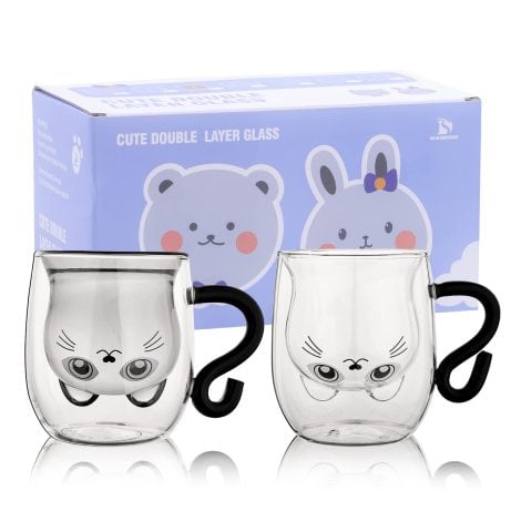 Set di 2 tazze da caffè gatto carino da 241 ml, tazza latte vetro isolante per caffè espresso, regalo compleanno, San Valentino, ufficio bianco nero.