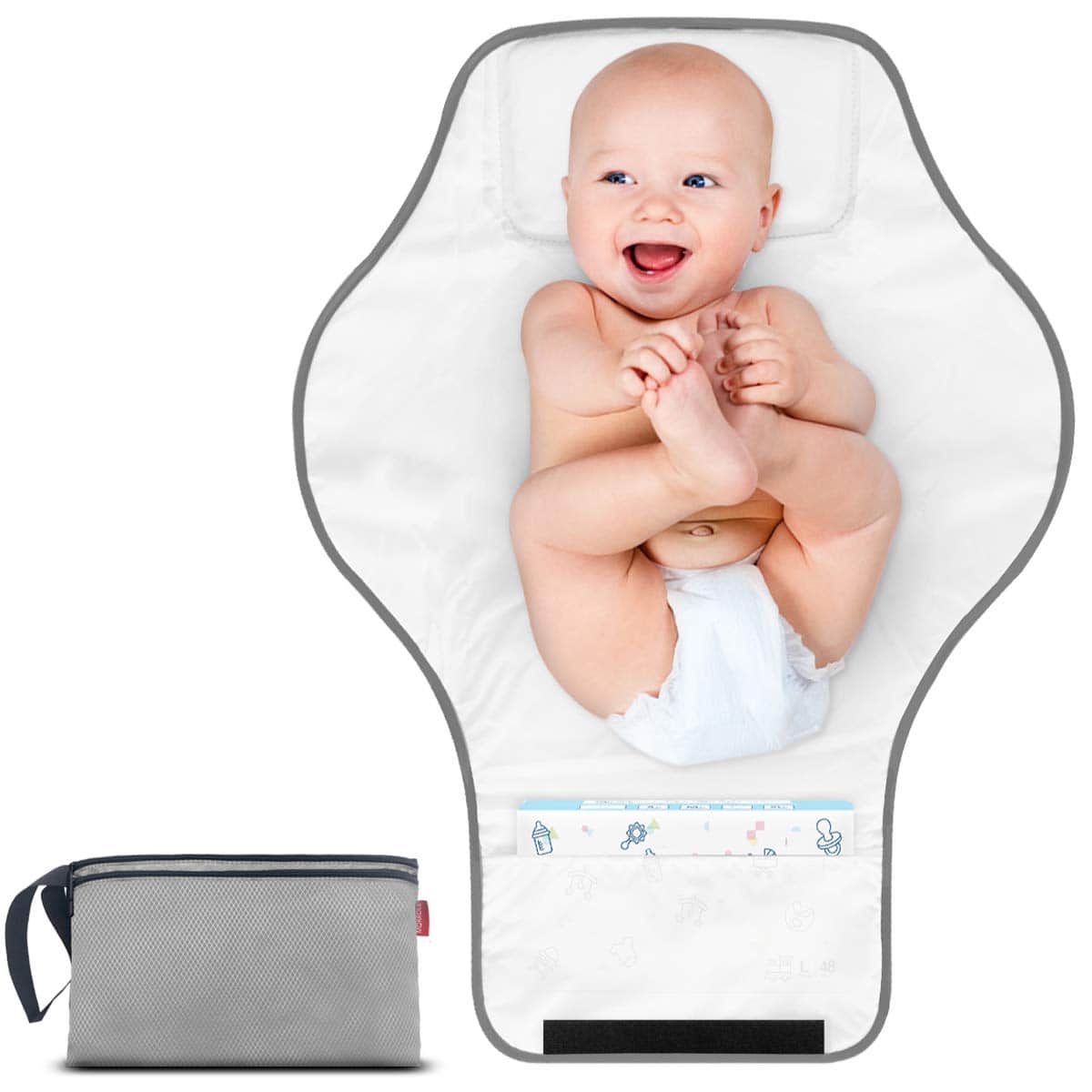 MORROLS Fasciatoio Portatile Pieghevole, Fasciatoio da Viaggio per Bambino Tappetino per Neonati Pulisci, Kit da Viaggio per Cambiare i Pannolini con Organizer, Fasciatoio impermeabile(Grigio)