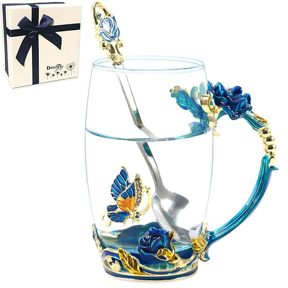Fiore di farfalla Tazza vetro di tè Sky Blue Rose Tazza di caffè per donne,mamma,moglie,sorella,collega,amica donna per compleanno,natale, anniversario, San Valentino, festa della mamma