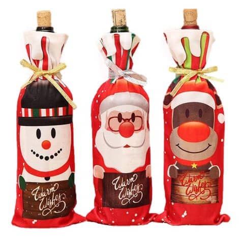 Set di 3 sacchetti di Natale per bottiglie di spumante e birra, con decorazioni a tema Babbo Natale e albero.