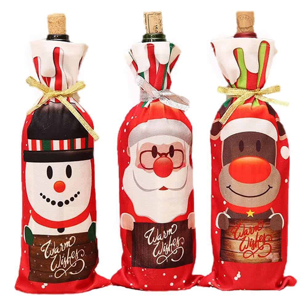 Ducomi Copri Bottiglia Vino Natale – 3 Sacchetti per Bottiglie Spumante e Birra a Tema Natalizio - Copribottiglie Natalizie Decorazione per Bottiglie con Babbo Natale, Albero (Maglia)