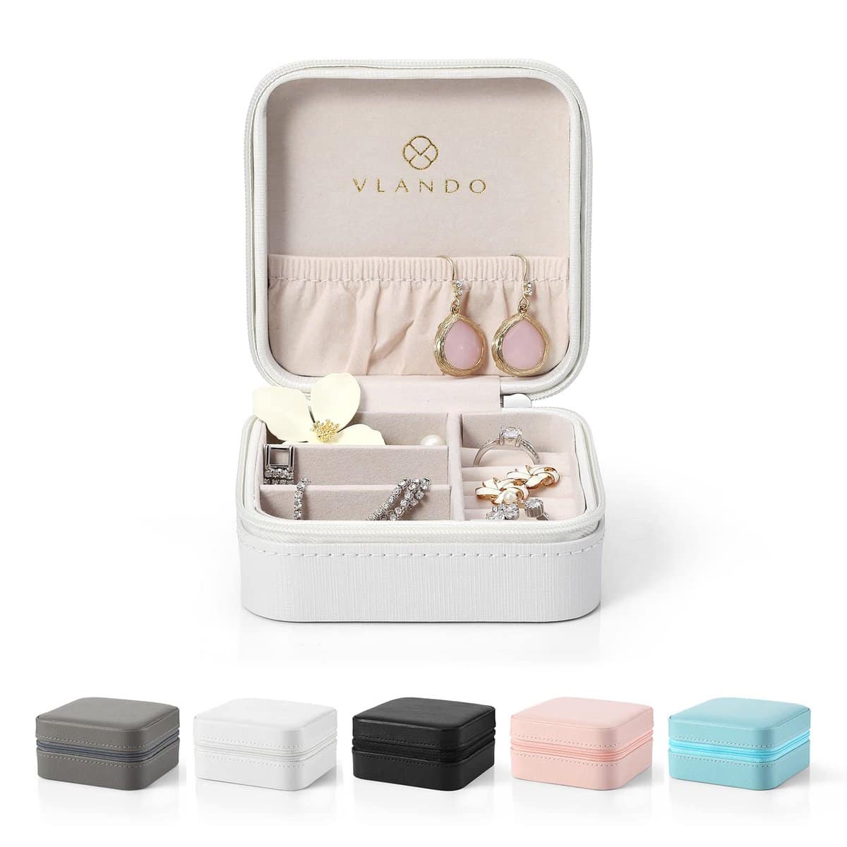 Vlando Porta Gioielli Viaggio Da Donna,Portagioielli Piccolo Per Orecchini, Bracciali, Organizer Per Anelli,Idee Regalo per Donna Ragazza, con Carta di Saluto (Bianco)