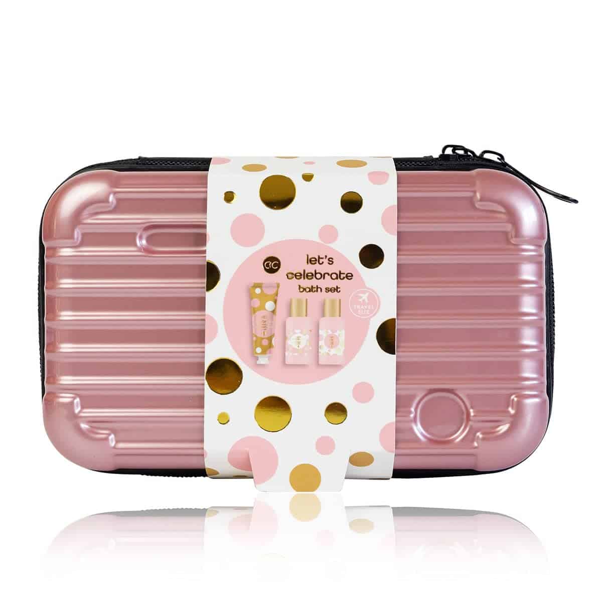 accentra Let's celebrate Set regalo da donna in custodia rigida – Set da bagno e doccia con rosa e velluto con gel doccia, lozione per il corpo e shampoo – Set da viaggio per donne e ragazze
