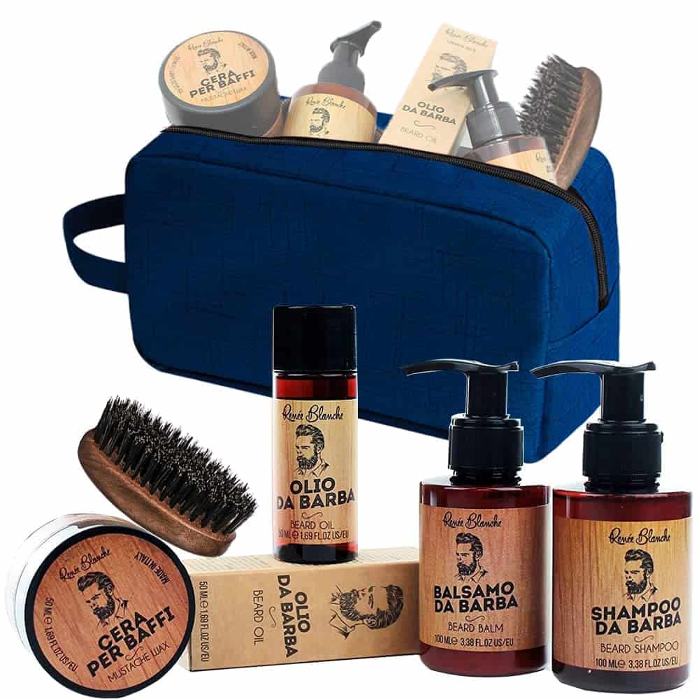 Kit Barba Uomo Renée Blanche - Set Composto da Shampoo, Balsamo, Olio, Cera e Spazzola Barba con setole in cinghiale rinforzato Made In Italy + ALTÉAX® Beauty - Ottima Idea Regalo