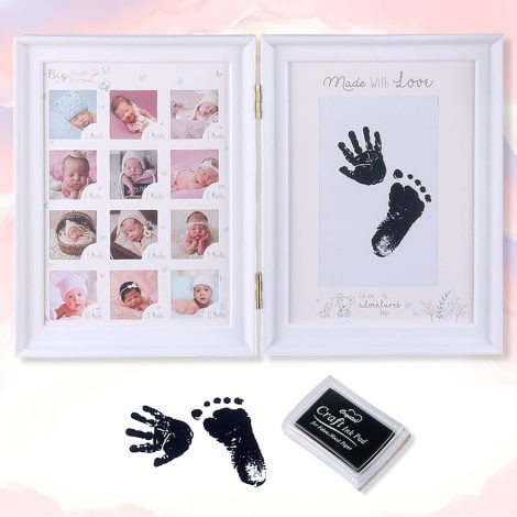 Regalo per il battesimo di un bambino: Cornice pieghevole con tampone inchiostro per impronte neonatali.