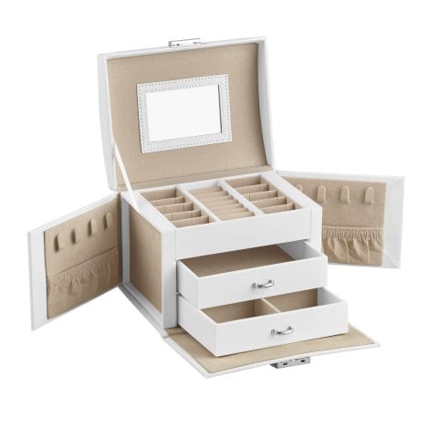 Portagioie SONGMICS 3 Livelli, Bianco Classico con Maniglie, Cassetti, Specchio e Chiusura, Portatile, Moderno, Ideale per Viaggi, Regalo.