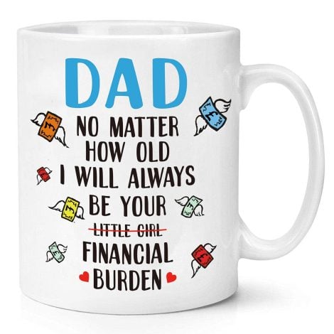 Regalo divertente per festeggiare il compleanno di papà: Tazza da tè “Sarò sempre il tuo onere finanziario”. 330 ml, perfetta per gli uomini.
