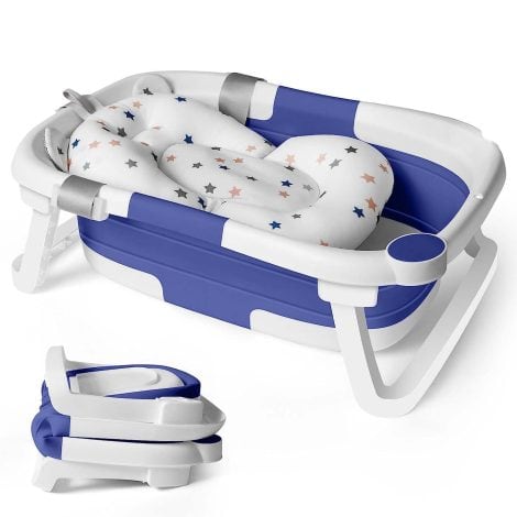 Vasca pieghevole per neonati con supporto, riduttore e cuscino, adatta per bambini da 1 a 3 anni. Bacinella salvaspazio portatile blu.
