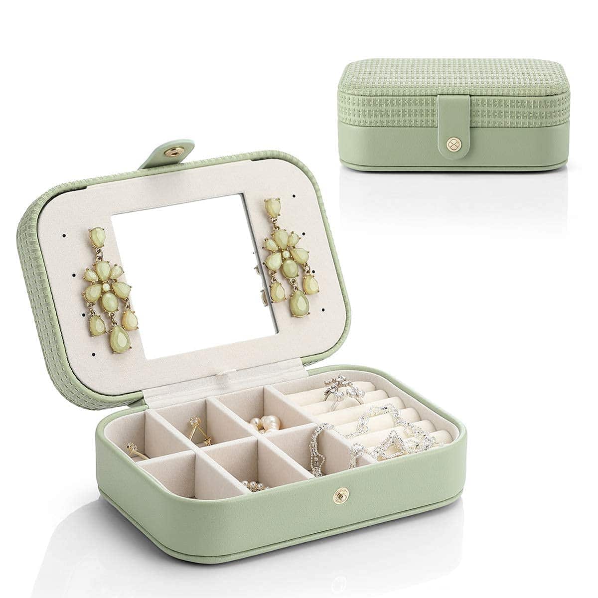 Vlando Portagioie da Viaggio, Organizzatore Portatile Portagioie Piccolo con Specchio per Collana Orecchini Bracciali Anelli, Regalo Festa Della Mamma (Verde)