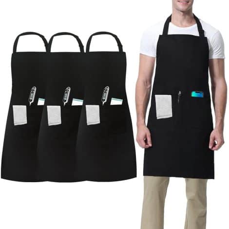 Grembiule nero da cucina con 3 tasche regolabili per professionisti, uomo e donna. Ideale per cucina, giardino, barbecue, ristorante e bar. Realizzato in cotone poliestere.