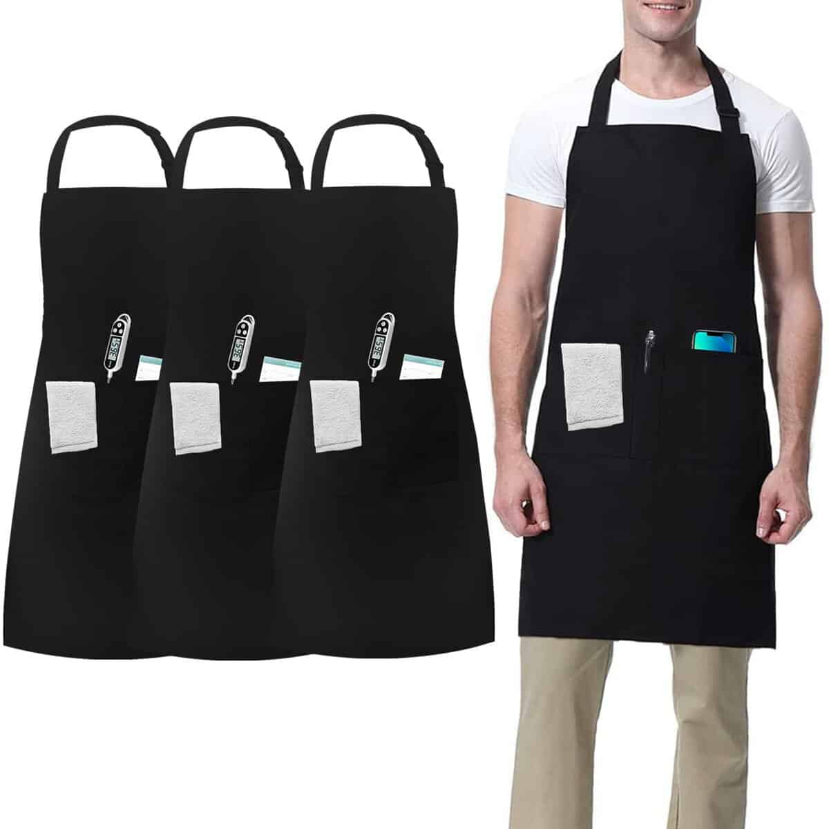 3 Pezzi Grembiule Nero Cucina, Regolabili Cuoco Grembiule con 3 Tasche, Professionale Grembiule per Uomo Donne, Lavoro Grembiule per Cucina Giardino Barbecue Ristorante Bar (Cotone Poliestere)