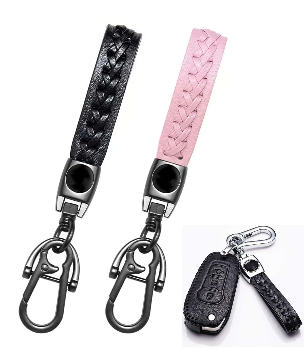 2 Portachiavi in vera pelle per auto,Portachiavi in pelle per auto,portachiavi auto,regali di famiglia,universale,adatto per tutte le auto, Business regalo di compleanno per uomini e donne,Nero rosa