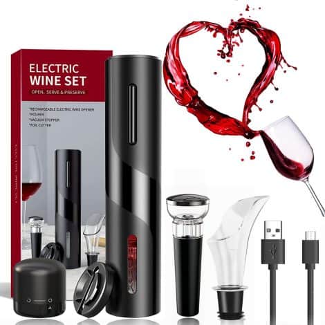 Set di attrezzi elettrici per il vino con cavatappi ricaricabile, apribottiglie 6 in 1, tagliafolie, tappi, versatore, cavo di ricarica USB.