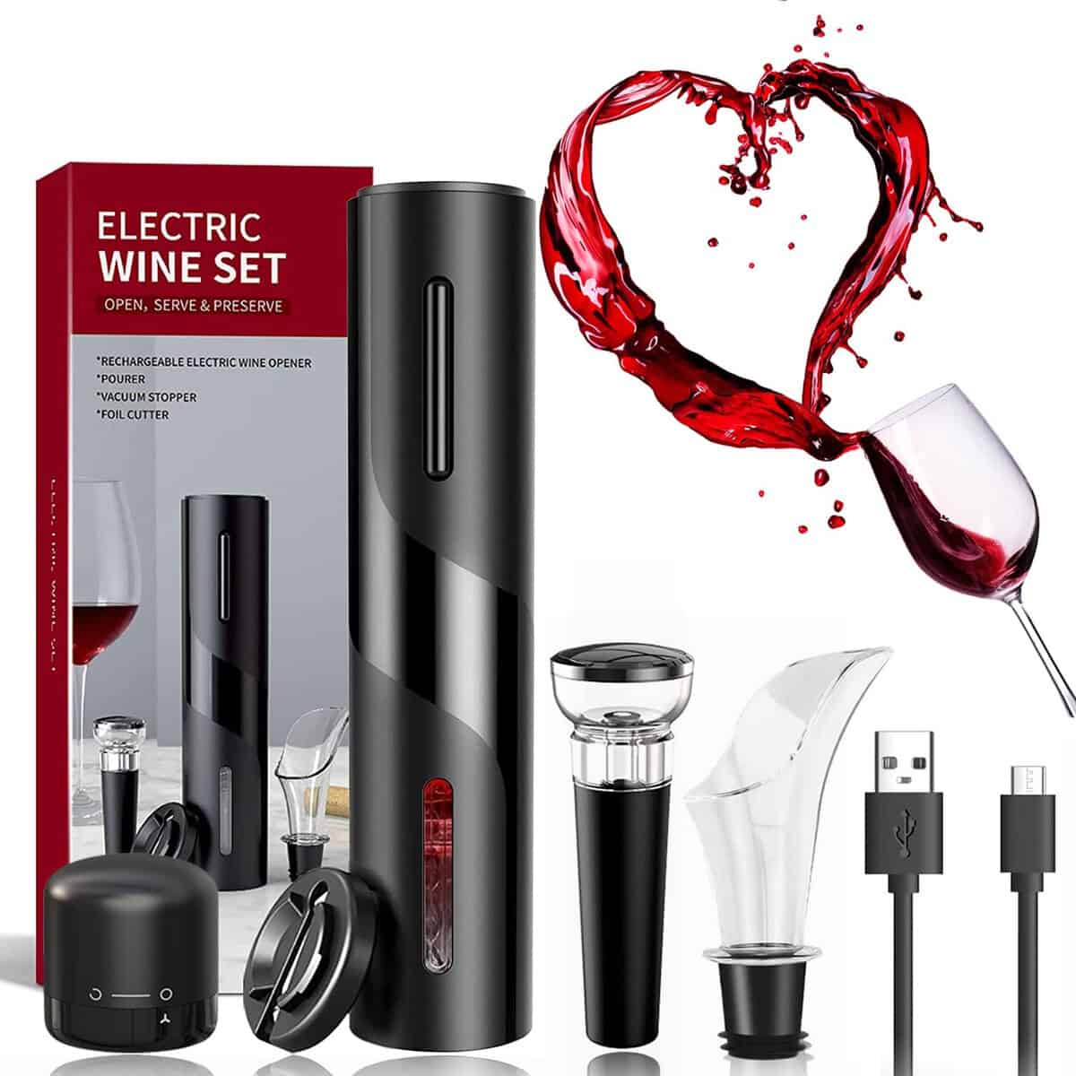 Cavatappi elettrico ricaricabile, Apribottiglie Vino Elettrico 6 In 1 Set Micro USB, Taglia Foglio, Tappi per Vino, Versatore,Linea di Ricarica USB