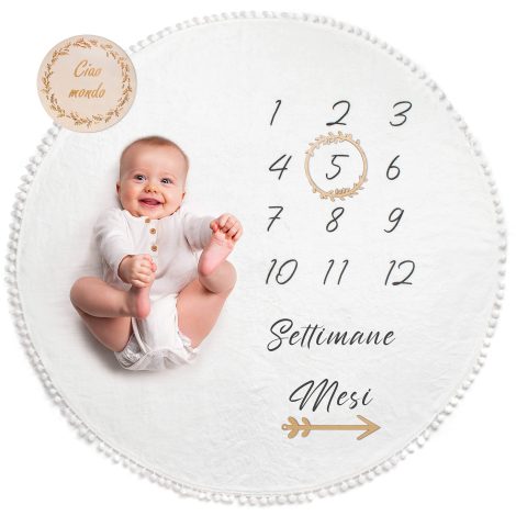Il kit ODOXIA: coperta neonato italiana, tappetino mensile unisex maschio o femmina. Regalo perfetto per neomamme, con cornici in legno.