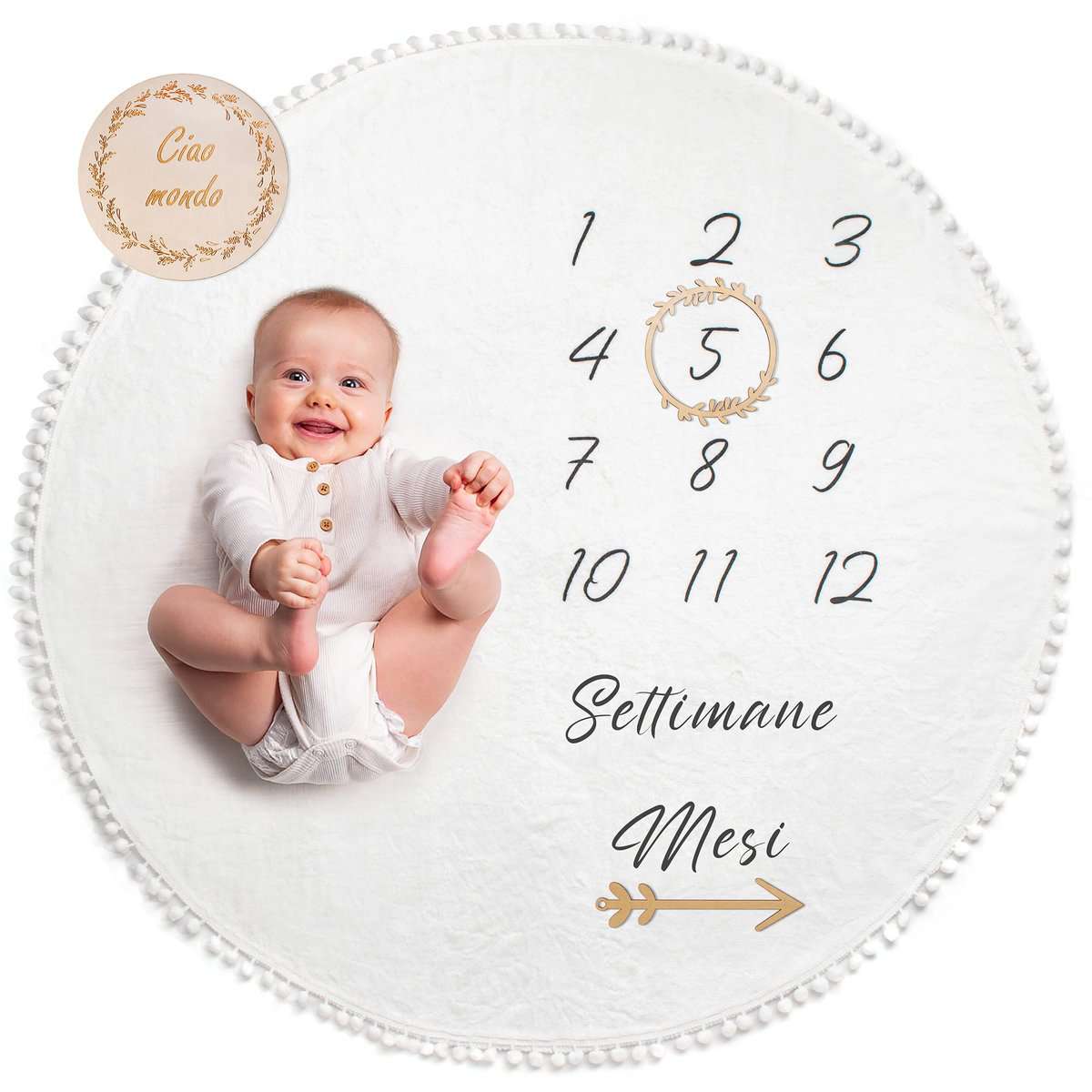 ODOXIA Coperta Mesi Neonato In Italiano | Tappetino Rotondo Mesi Per Maschio O Femmina, Unisex | Genere Neutro | Regalo Baby Shower Per Neomamme | Copertina Mesi Neonato | Cornici In Legno Incluse
