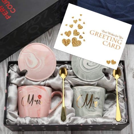 Tazze da caffè Mr e Mrs in ceramica marmo – regalo perfetto per matrimoni, fidanzamenti e anniversari di coppie sposate.