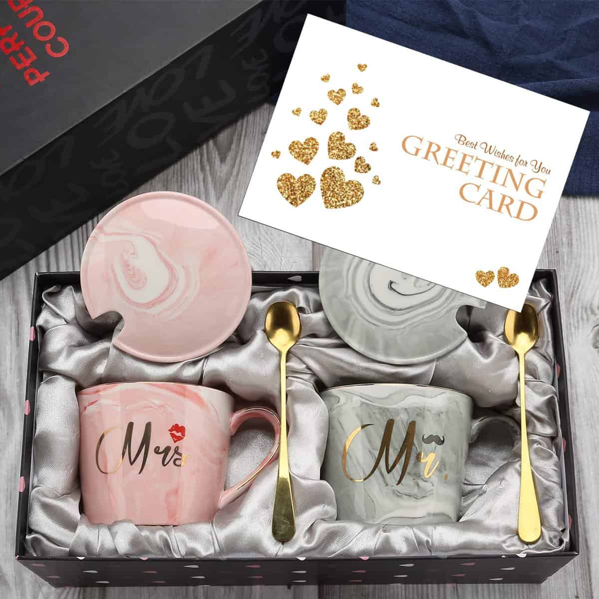 EXREIZST Tazze da caffè Mr and Mrs – regalo di nozze per sposa e sposo, regalo di fidanzamento per addio al nubilato, regalo di anniversario, per coppie sposate, tazze in marmo ceramica