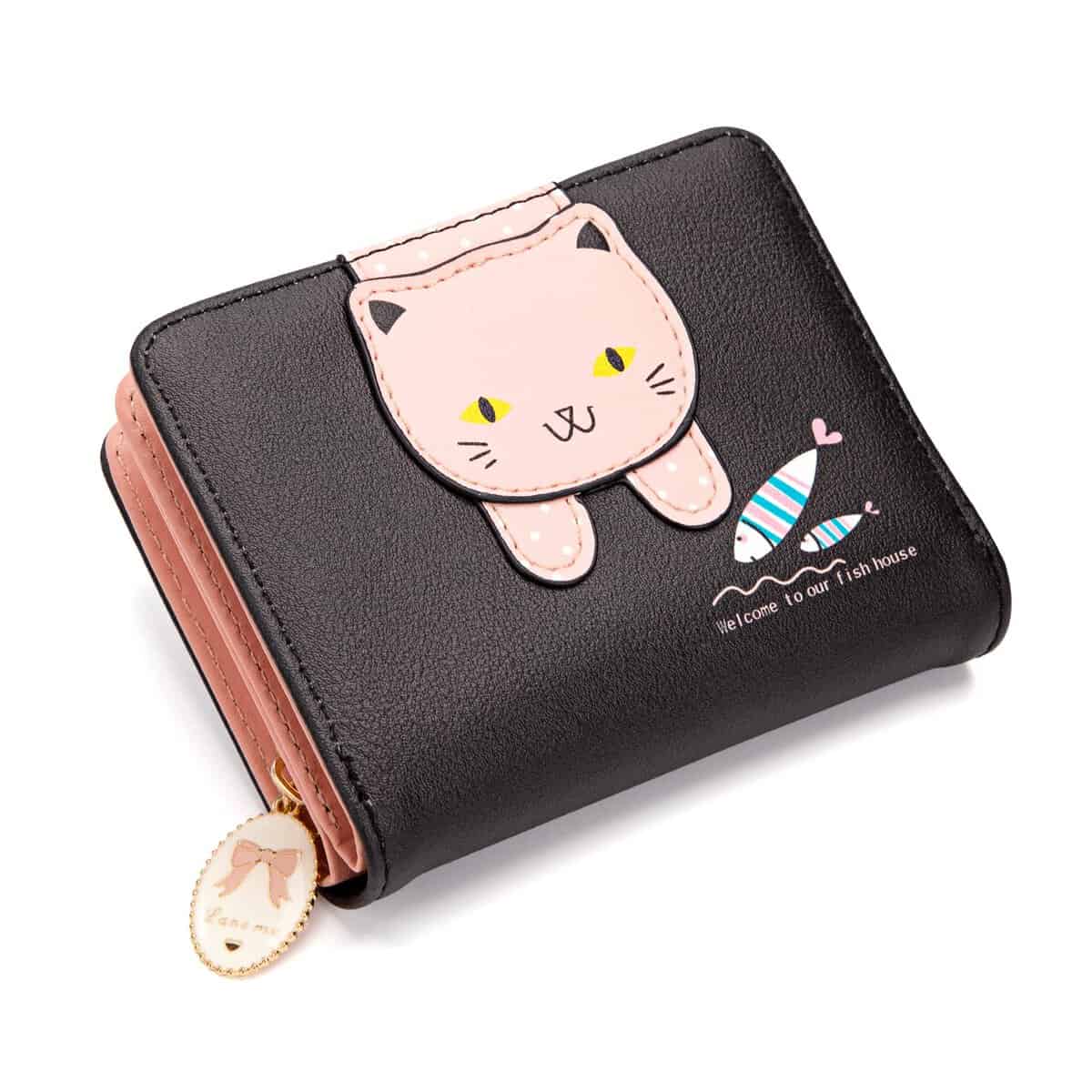 QH-Shop Portafoglio Donna Piccolo in Pelle PU, Corto Portamonete con Modello di Gatto con Cerniera Portamonete et Carte Scomparti