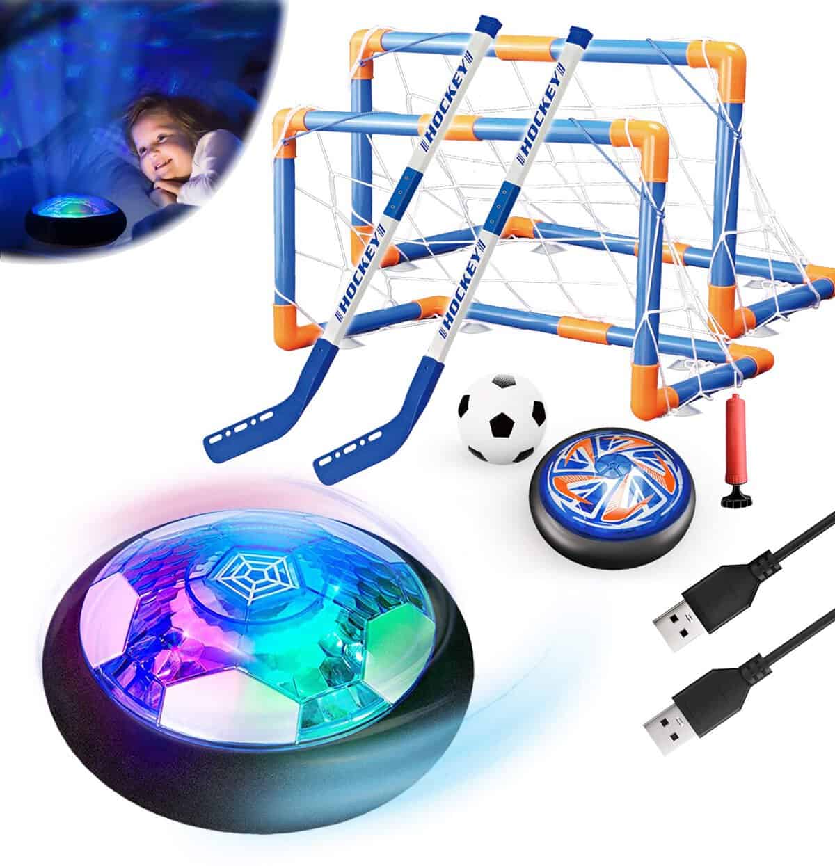 3in1 Hover Calcio Hockey Giocattoli Palle per Bambini Set Luce Notturna a Stella USB Ricaricabile Aria Galleggiante Interno Esterno Sport Giochi Regalo per 6-16 Ragazzi Ragazze Compleanno Natale