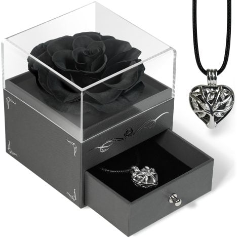 Rosa Creativa Stabilizzata Vera, Rosa Nera Eterna con Collana Aromaterapica, Fiori Veri Stabilizzati, Idea Regalo Donna, Moglie, Mamma, Fidanzata, Natale, Anniversari.