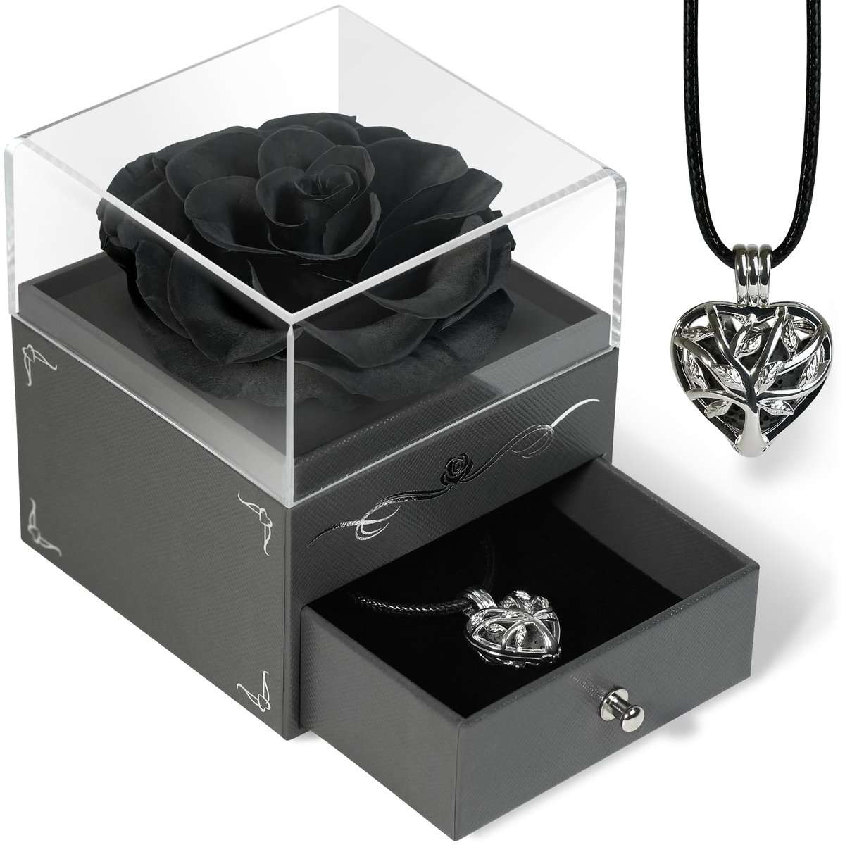 Creativity Driven Rosa Stabilizzata Vera, Rosa Nera, Rosa Eterna con Collana Aromaterapia, Fiori Stabilizzati Veri, Idea Regalo Donna, Moglie, Mamma, Fidanzata, Natale, Anniversari