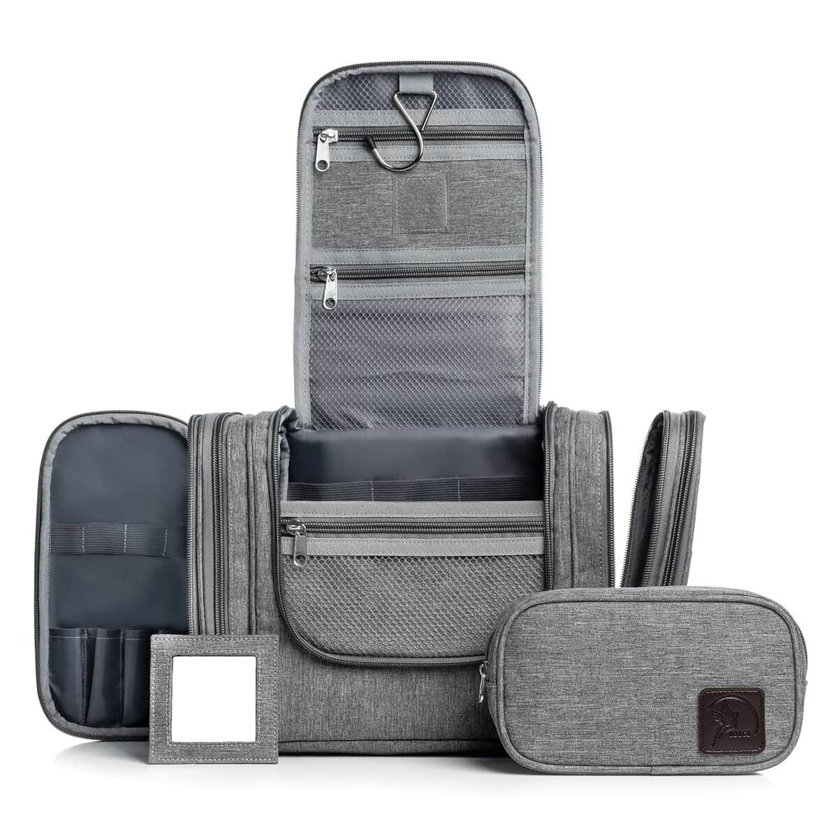 Obics beauty case da viaggio XXL per uomo e donna - trousse trucchi grigio da 8l con gancio per appendere e specchio rimovibile con tasca extra mobile 10 scomparti