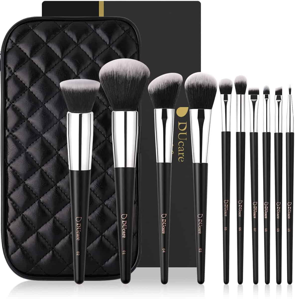 DUcare Set di 10 pennelli da trucco professionali con custodia regalo da donna Kabuki sintetico di alta qualità, pennello per sfumare viso, cipria, correttori, ombretti con borsa