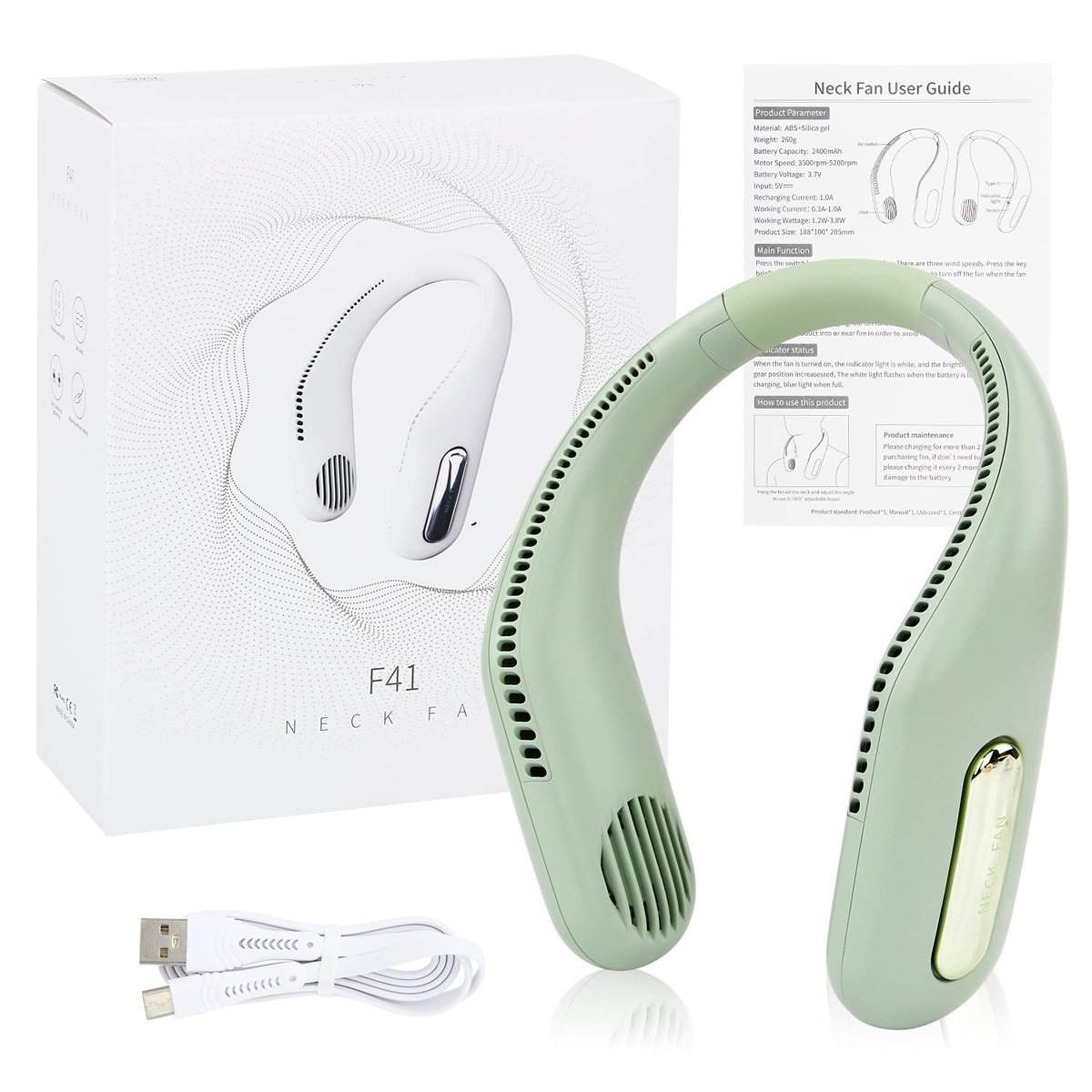 M MUNCASO Ventilatore da collo silenzioso ricaricabile tramite USB, per donne e uomini, 3 velocità, ventilatore freddo senza lama per cuffie, per ufficio, aula, cucina, viaggi, regalo estivo (verde)
